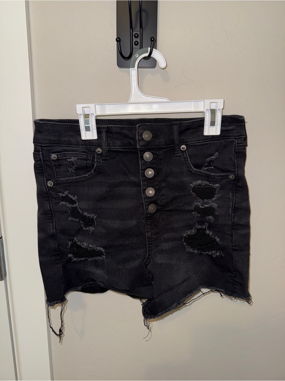 American Eagle Stretch Black Distressed High-Waist Denim Shorts